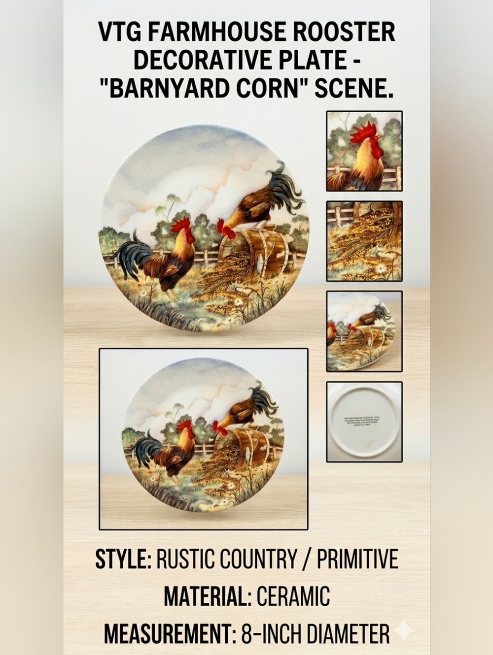​VTG Farmhouse Rooster Decorative Collector Plate Primitive Barnyard Corn Scene